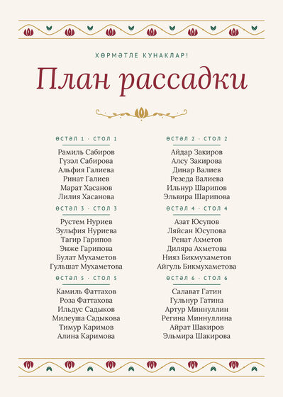 Шаблон плана рассадки «Гранатовый сад. План рассадки»