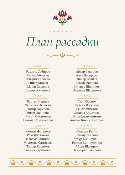 Шаблон плана рассадки «Изумрудный тюльпан» на шесть столов, на русском — лицевая сторона