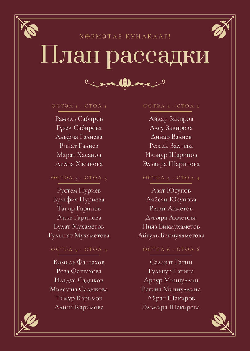 Шаблон плана рассадки «Калфак» на шесть столов — лицевая сторона