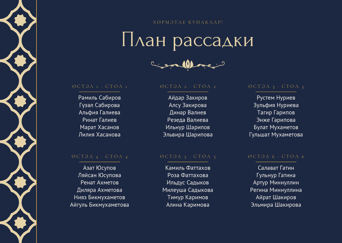Шаблон плана рассадки «Марокко» на шесть столов — лицевая сторона