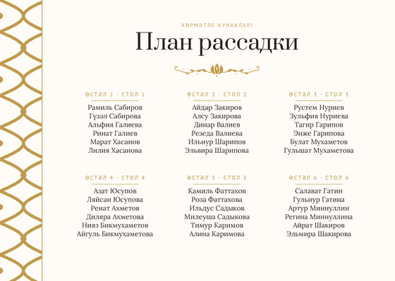 Шаблон плана рассадки «Огива. План рассадки, молочный с золотом»