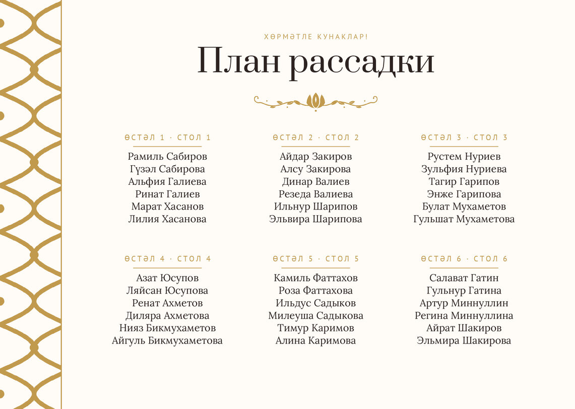 Шаблон плана рассадки «Огива» на шесть столов — лицевая сторона
