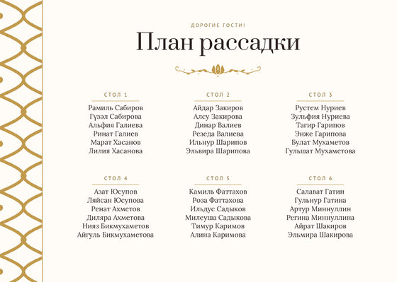 «Огива» утырту планы үрнәге алты өстәлгә, русча — йөз ягы