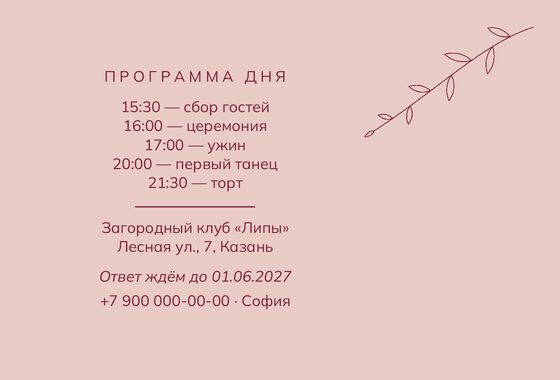 «Туй. Росчерк, бордо и пудра» чакыру үрнәге — арткы ягы