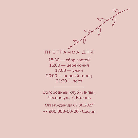 «Туй. Росчерк, бордо и пудра» чакыру үрнәге — арткы ягы